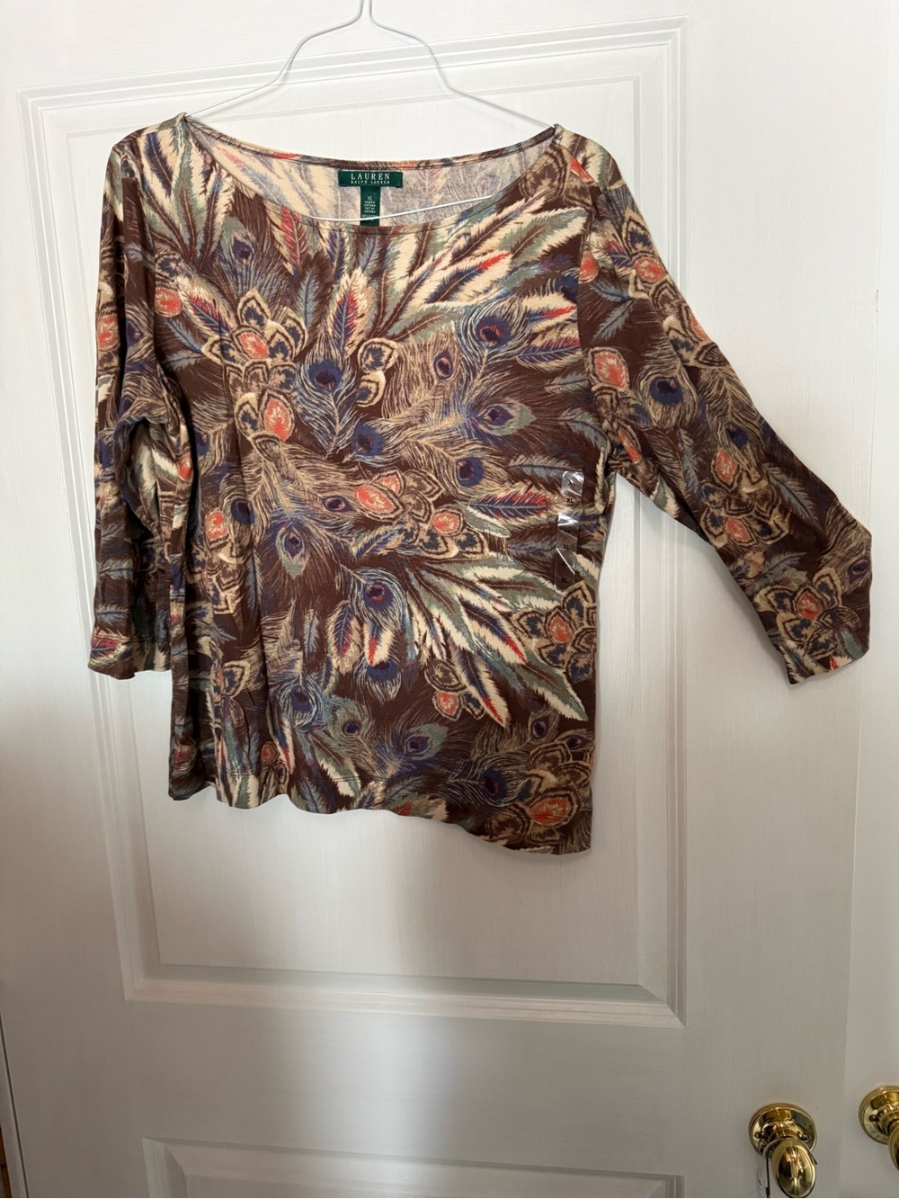Ralph Lauren Brown Peacock-Feather Scoop Neck Long Sleeve Top - Picture 3 of 3
